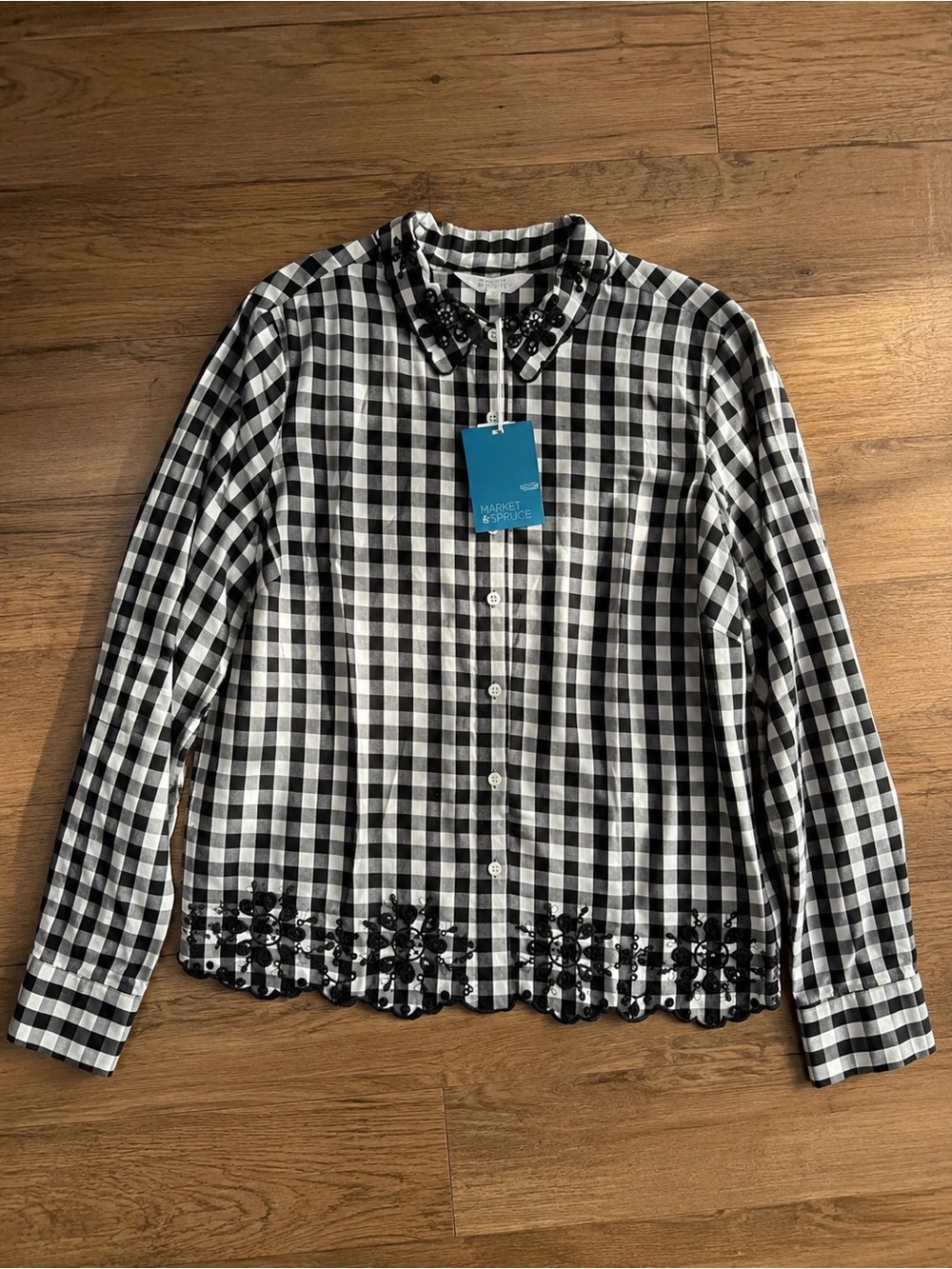 Market & Spruce Black & White Gingham Button-Down Shirt with Embroidered Trim 2X